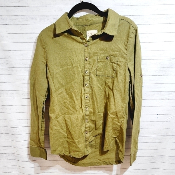 CHASER 55% LINEN BLEND OLIVE GREEN BUTTON UP, SZ SMALL - Picture 2 of 9